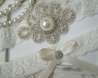 Conjunto de liga de boda, conjunto de liga nupcial, boda vintage, liga de encaje de marfil, conjunto de liga de cristal, algo estilo azul 300