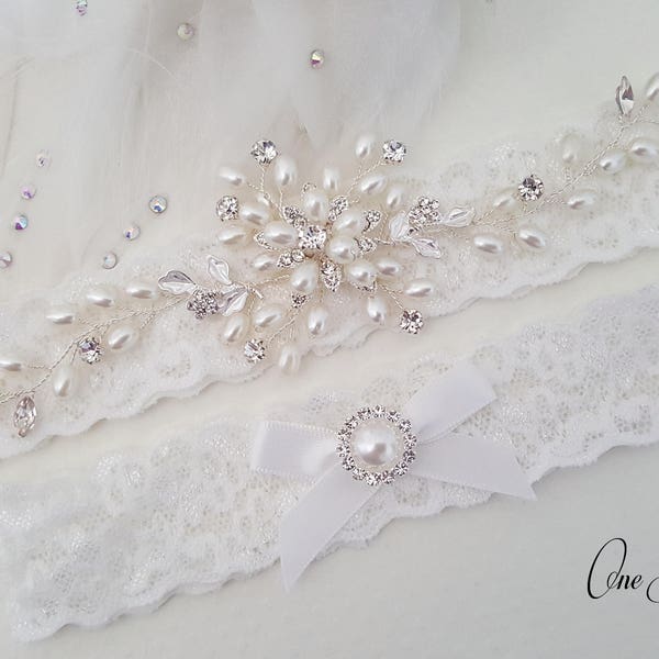 Beaded Lace Wedding Garter, Pearl Bridal Garter Set, Wedding Garter Set, Keepsake Garter, Toss Garter, Customizable Handmade-Style 828