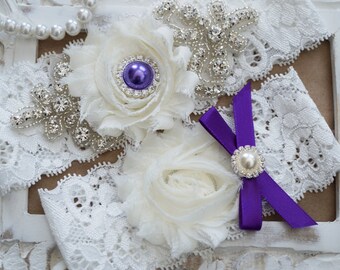 Wedding Garter Set, Bridal Garter Set, Vintage Wedding, Ivory Lace Garter, Crystal Garter Set, Purple Garter