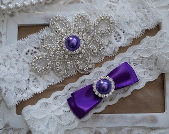 Wedding Garter Set, Bridal Garter Set, Vintage Wedding, Ivory Lace Garter, Crystal Garter Set, Purple Garter-Style 300