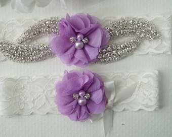 SALE -Wedding Garter Set, Bridal Garter Set, Vintage Wedding, Lavender Garter Set, Light Purple Wedding Garter