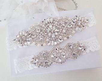 Heirloom Garter, Silver Bridal Garter, Lace Wedding Garter Set, Bridal Garter Set, Vintage Wedding-Style 795