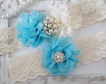 Wedding Garter, Bridal Garter Set - Lace Garter, Keepsake Garter, Toss Garter, Chiffon Rosette -Style 810