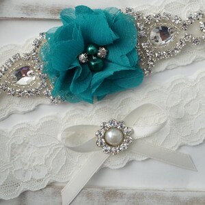 Wedding Garter Set, Bridal Garter Set, Vintage Wedding, Lace Garter, Turquoise Garter Set, White Bridal Garter - Style 150