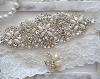 Wedding Garter Set, Bridal Garter Set, Vintage Wedding, Pearl Garter, Something Blue - Style 750