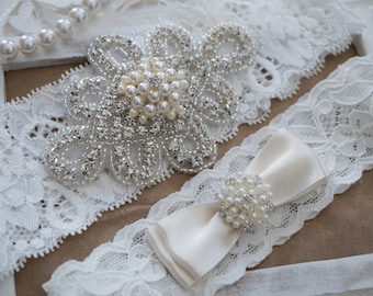 Wedding Garter Set, Bridal Garter Set, Vintage Wedding, Ivory Lace Garter, Crystal Garter Set, Ivory Garter-Style 300