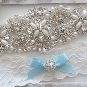 Wedding Garter Set, Bridal Garter Set, Vintage Wedding, Pearl Garter, Something Blue Style 750 image 1