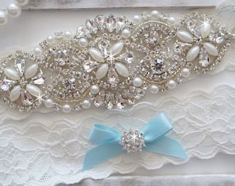 Wedding Garter Set, Bridal Garter Set, Vintage Wedding, Pearl Garter, Something Blue - Style 750