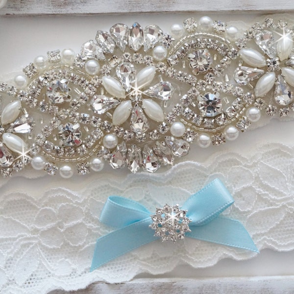 Wedding Garter Set, Bridal Garter Set, Vintage Wedding, Pearl Garter, Something Blue - Style 750