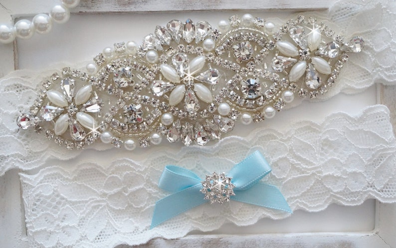 Wedding Garter Set, Bridal Garter Set, Vintage Wedding, Pearl Garter, Something Blue Style 750 image 1