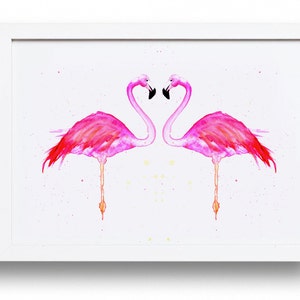 LOVE BIRDS. Flamingo wall art, bright pink, print, watercolour.
