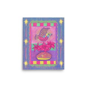 May include: A colourful illustration of a bird with a pink body, yellow head, and blue wings, flying over a red poinsettia flower. The bird is holding a red berry in its beak. The illustration is framed in a blue and green border with stars.