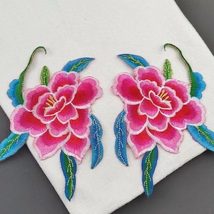 A pair iron on Peony flowers floral patch applique clothing decoration patch  embroidered patch