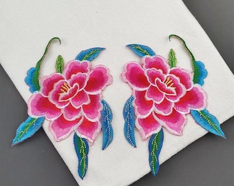 A pair iron on Peony flowers floral patch applique clothing decoration patch  embroidered patch