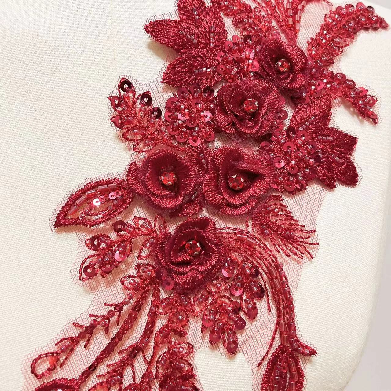Embroidered 3D Applique Red Gold Floral Sequin Patch Rhinestone Center  (style4 color6)