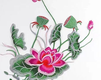 Lotus floral  embroidered patch   flower embroidered fabric clothes applique