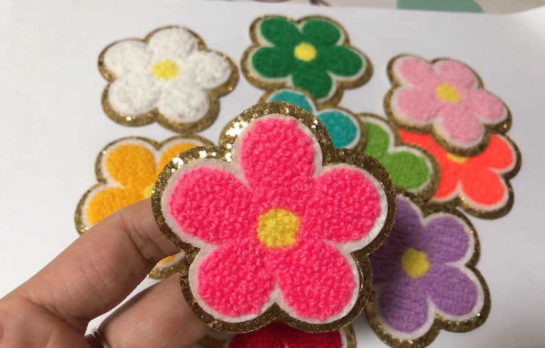 Sticker Colorful Chenille Embroidered cute flower Patch adhesive floral patches perfect to stick on the bag laptop or book image 3