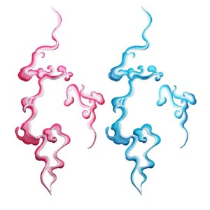May include: Two stylized cloud shapes, one in pink and white and the other in blue and white, are drawn in a swirling, abstract style.