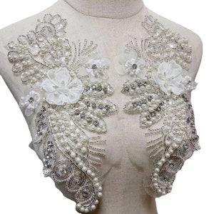 A pair Bridal bead applique, crystal bodice patch, heavy bead applique for couture