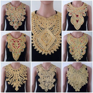 Golden Embroidered Collar With Sequins - Floral Lace Applique Neckline Trim 45cm