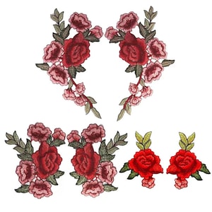May include: Five embroidered floral patches with red and pink roses and green leaves. The patches are perfect for adding a touch of elegance to clothing, bags, or home decor.