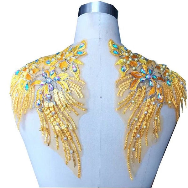 A pair golden patch with beaded sequins applique patch sweater decoration patch embroidered sew on patch