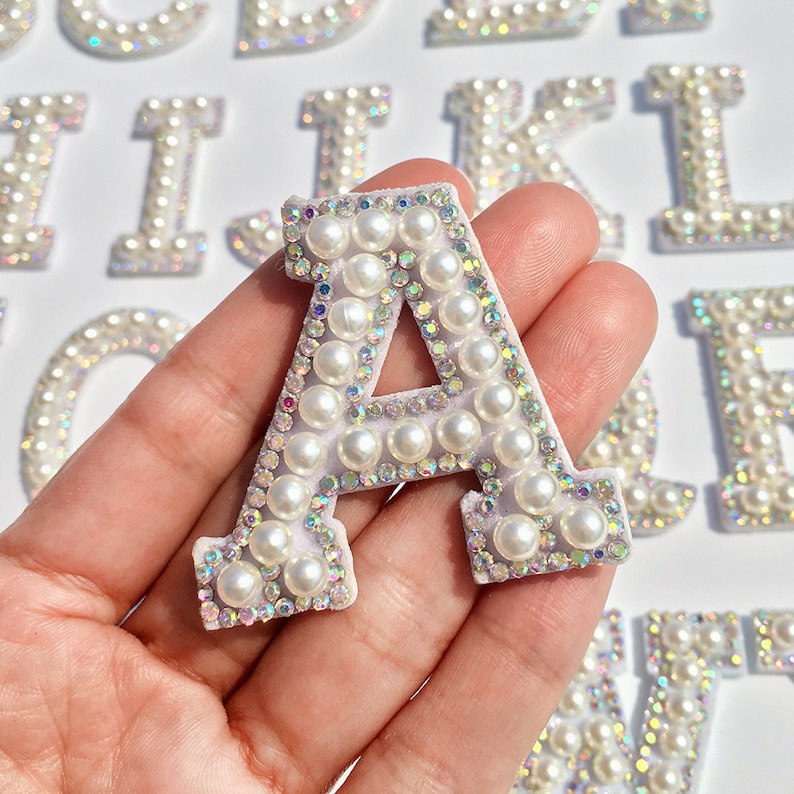 Pearl with rehinestones Letters Patch Alphabet Embroidered Applique diamon Rhinestone Colorful Letters iron on Patches 