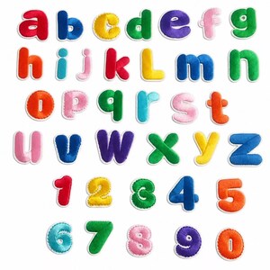 Toppa con numeri e lettere colorate, alfabeto ricamato, applicazioni termoadesive.