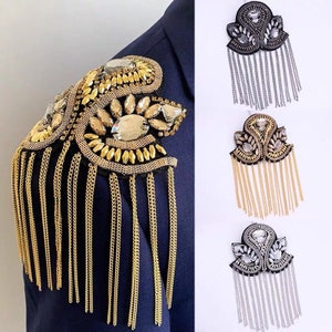 A pair crytal with Tassels Epaulets,Handmade Epaulets,Gold Studs Shoulder Pad,Shoulder Embellishment,Epaulets