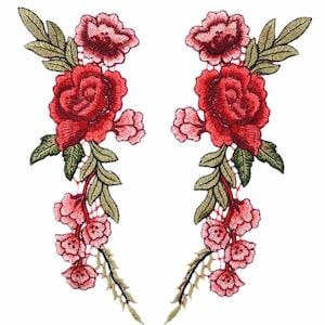 May include: Two red and pink floral embroidery patches with green leaves and stems. The patches are perfect for adding a touch of elegance to clothing, bags, or home decor.