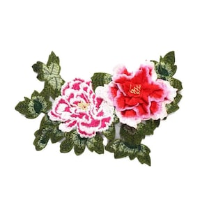 May include: Embroidered floral applique with two pink and white peonies and green leaves.