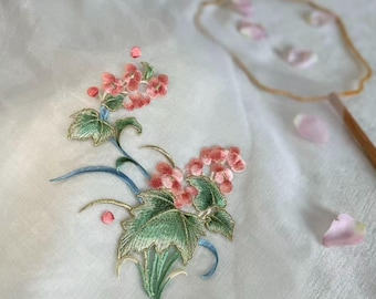 May include: An embroidered floral patch featuring clusters of small pink blossoms and detailed green leaves with blue accents. The embroidery is stitched onto a sheer white fabric, with a circular wooden frame visible in the background.