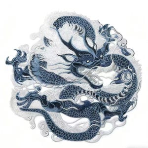 May include: Embroidered patch showing a blue and white dragon design. The dragon is intricately detailed with scales and whiskers. The patch has a white background and is suitable for clothing or accessories. The design is circular.