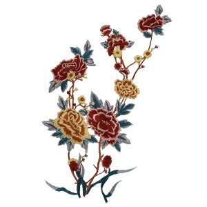 以下が含まれることがあります： 赤、黄、ピンクの花と緑の葉と茎が刺繍された花のデザイン。どんなプロジェクトにもエレガントなタッチを加えるのに最適です。