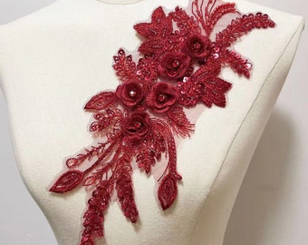 Rote 3D Blume und Pailletten Applikation Patch gestickter Patch Pullover oder Mantel Dekoration Patch