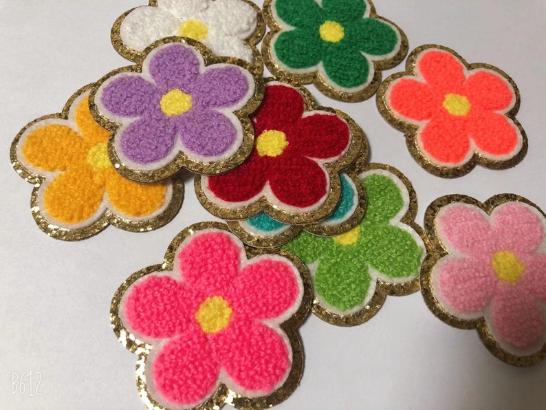 Sticker Colorful Chenille Embroidered cute flower Patch adhesive floral patches perfect to stick on the bag laptop or book image 2