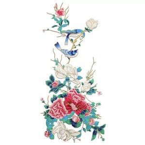 May include: Embroidered patch featuring a floral design with pink and white flowers, green leaves, and two blue birds. The birds are perched on branches with flowers.