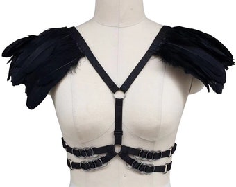 Elastic band Harness with feather  Chest Sculpting Body Waist  black harness; strap harness; chain harness;