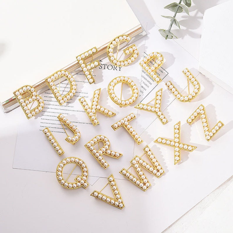 Pearl Letters With Mental Pin With Brooch Alphabet Applique Etsy