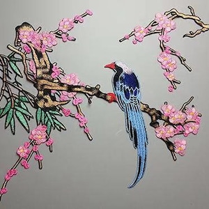 Parche bordado con pájaro grande y flor, parche floral, parche decorativo para ropa