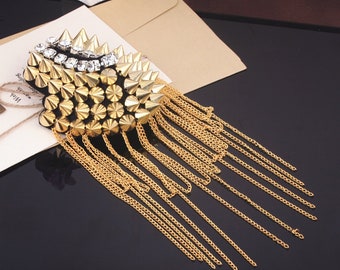 A pair crytal with Tassels Epaulets,Gold Stud Epaulets Gold Studs Shoulder Pad,Shoulder Embellishment,Epaulets,Gold Spike Epaulet