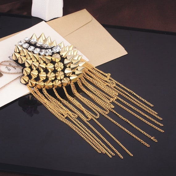 A pair gold vintage jewelery tassel big shoulder brooch epaulet epaulettes Shoulder Pads DIY Craft