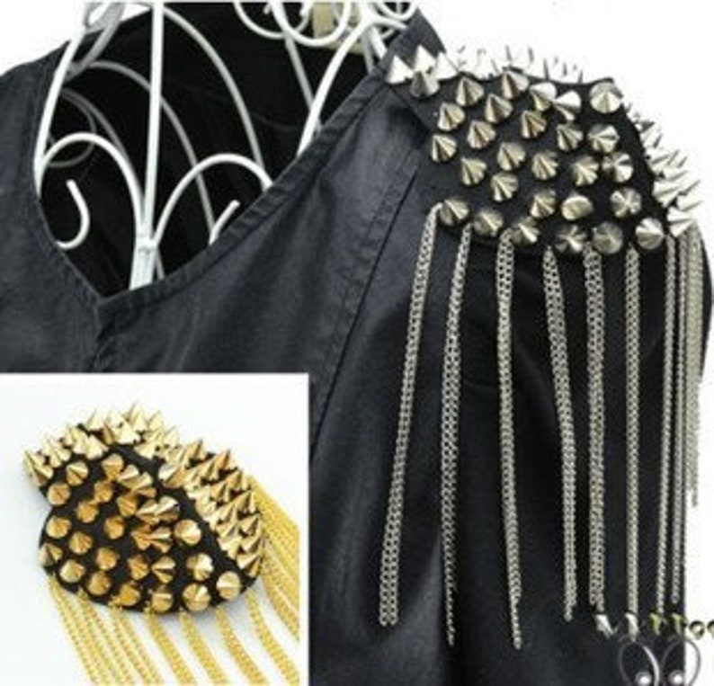 A pair Tassels Epaulets,Gold Stud Epaulets Gold Studs Shoulder Pad,Shoulder Embellishment,Epaulets,Gold Spike Epaulet image 1