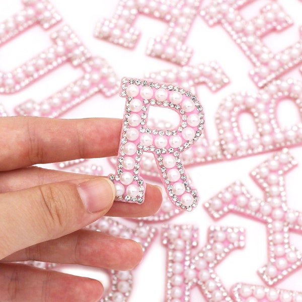 Pink back with Pearl with rhinestones Letters Patch Alphabet Embroidered Applique diamon Rhinestone pink  Letters Patches