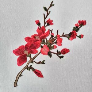 Op de afbeelding: Geborduurde bloemenapplicatie met helderrode bloesems, knoppen en groene bladeren op bruine stelen. Het gedetailleerde ontwerp toont een delicaat bloemmotief, perfect voor het verfraaien van kleding of ambachten. De applicatie is geplaatst tegen een witte achtergrond.