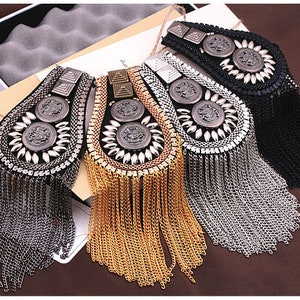 A pair Gold Epaulettes,Spiked Epaulets,Gold Studs Pads with and Gold Chain ,Tassel festival tassel epaulette