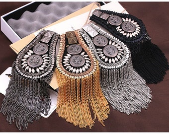 A pair Gold Epaulettes,Spiked Epaulets,Gold Studs Pads with and Gold Chain ,Tassel festival tassel epaulette