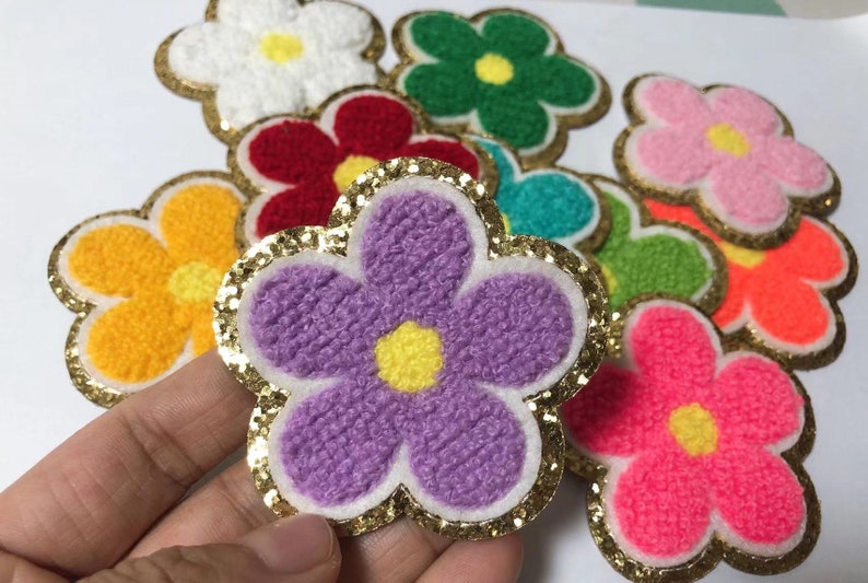 Sticker Colorful Chenille Embroidered cute flower Patch adhesive floral patches perfect to stick on the bag laptop or book image 1