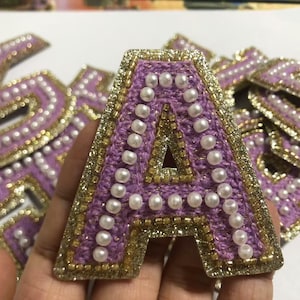 Purple pearl and beaded    Letters Patch Alphabet Embroidered Applique white Letters iron on Patches