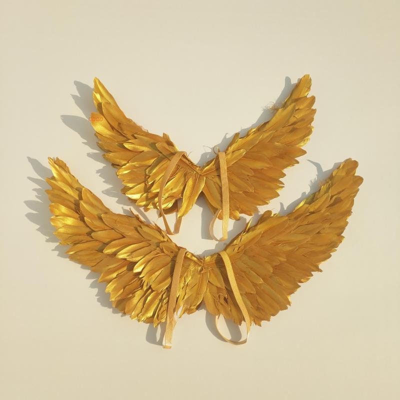 Ailes créatives en plumes d'ange avec sangles élastiques - Couleurs vives - Légères - Costume - Ailes de cosplay - Accessoires de photographie - Fournitures d'Halloween - Orange et jaune